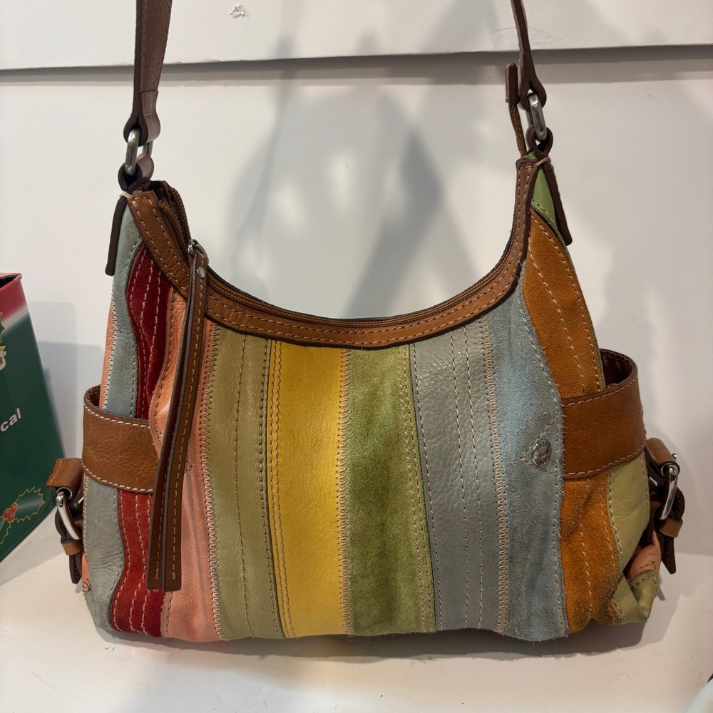 Fossil Patchwork Leather Suede Multi Color Stripe Hobo Shoulder Bag Handbag